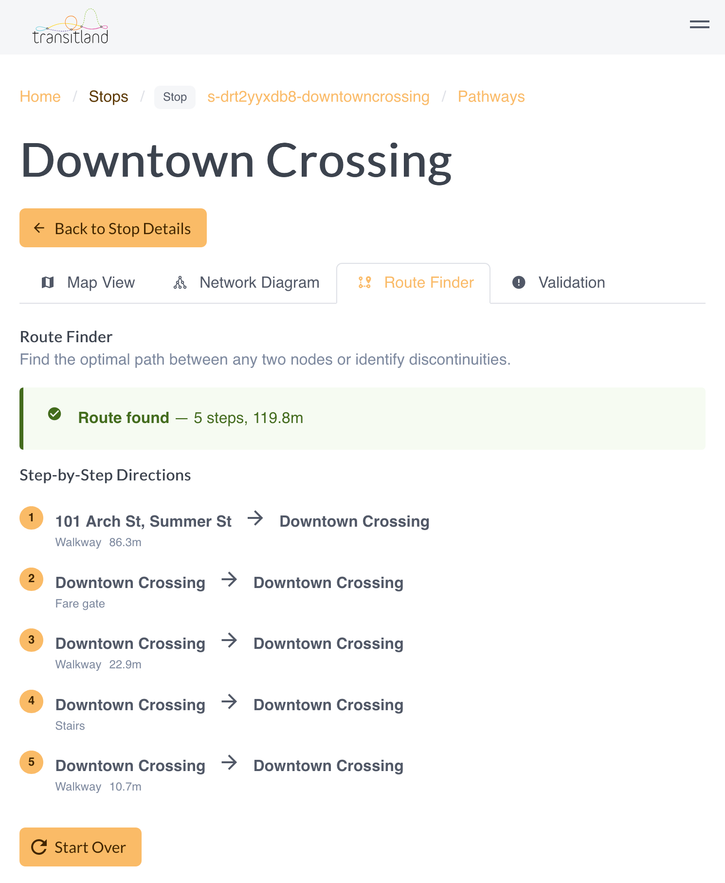 using Transitland to find a route through MBTA's Downtown Crossing subway station in Boston