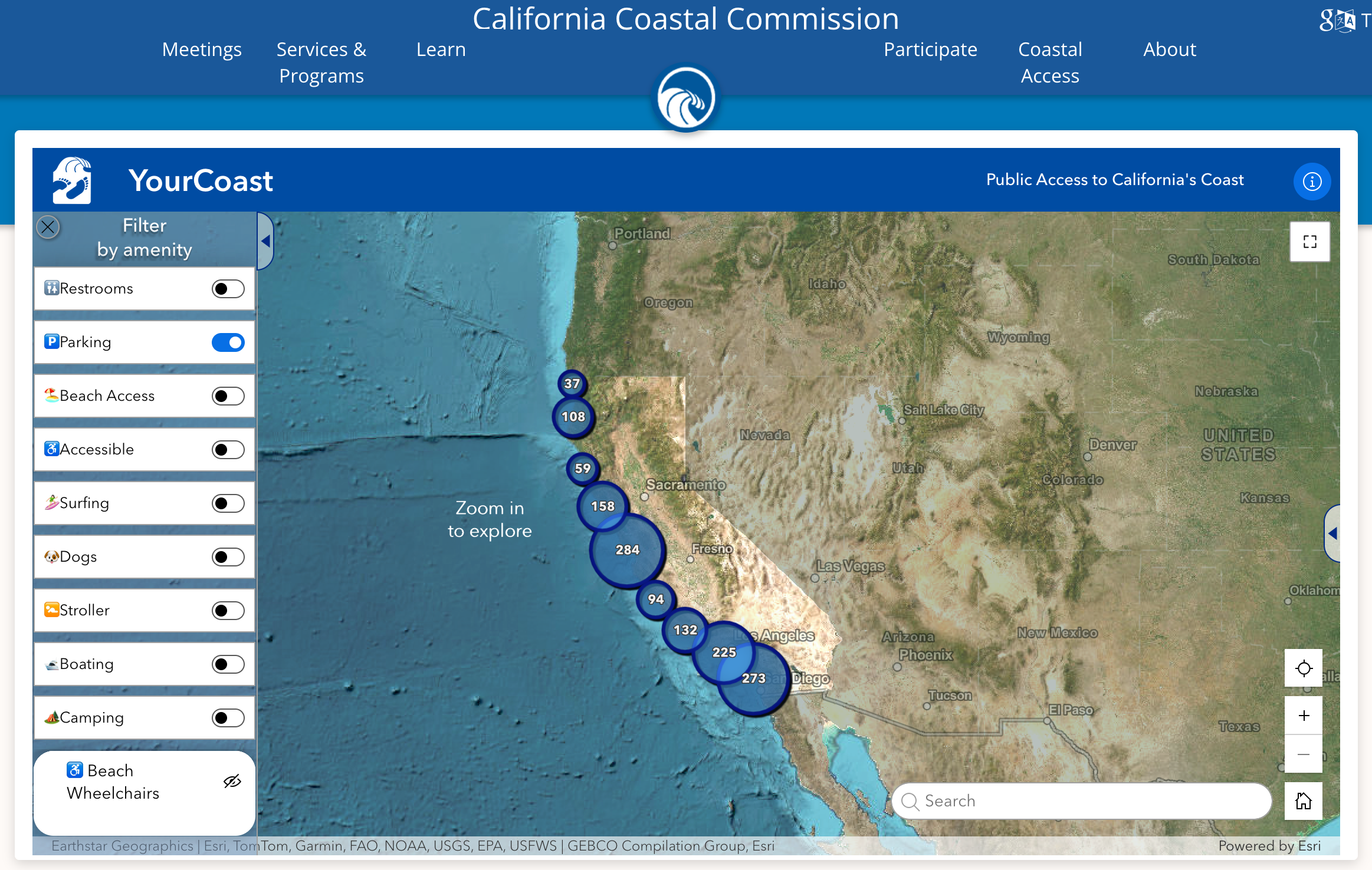 Screenshot of the YourCoast web map with "Parking" toggled on, showing clusters of access points up and down the California coast.