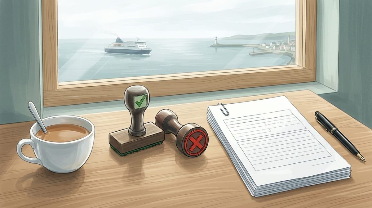 Approve and reject rubber stamps beside a cup of tea and a stack of forms on a desk, with a ferry and harbour town through the window