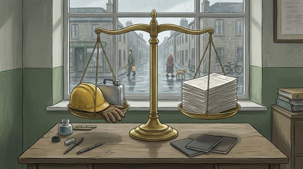 Brass scales on a desk weighing a hard hat, lunchbox and work gloves against a stack of benefit claim forms, with a rainy Scottish street outside