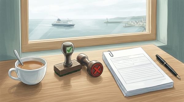 Approve and reject rubber stamps beside a cup of tea and a stack of forms on a desk, with a ferry and harbour town through the window