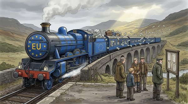Illustration of a blue EU steam train spilling banknotes and papers as it crosses a Highland viaduct, watched by a Scottish family and an older man by a noticeboard