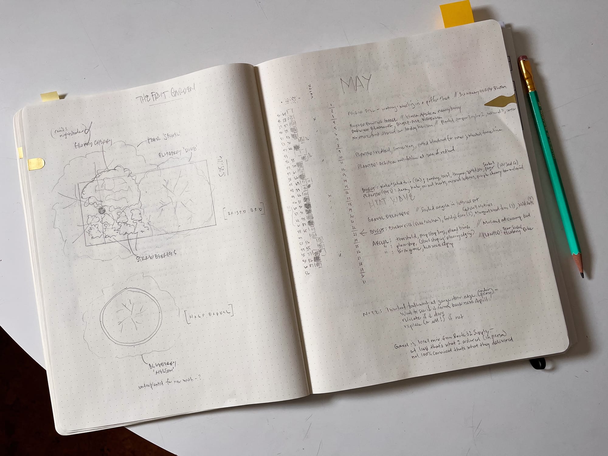 garden bullet journal with may calendar and fruit garden layout schematic