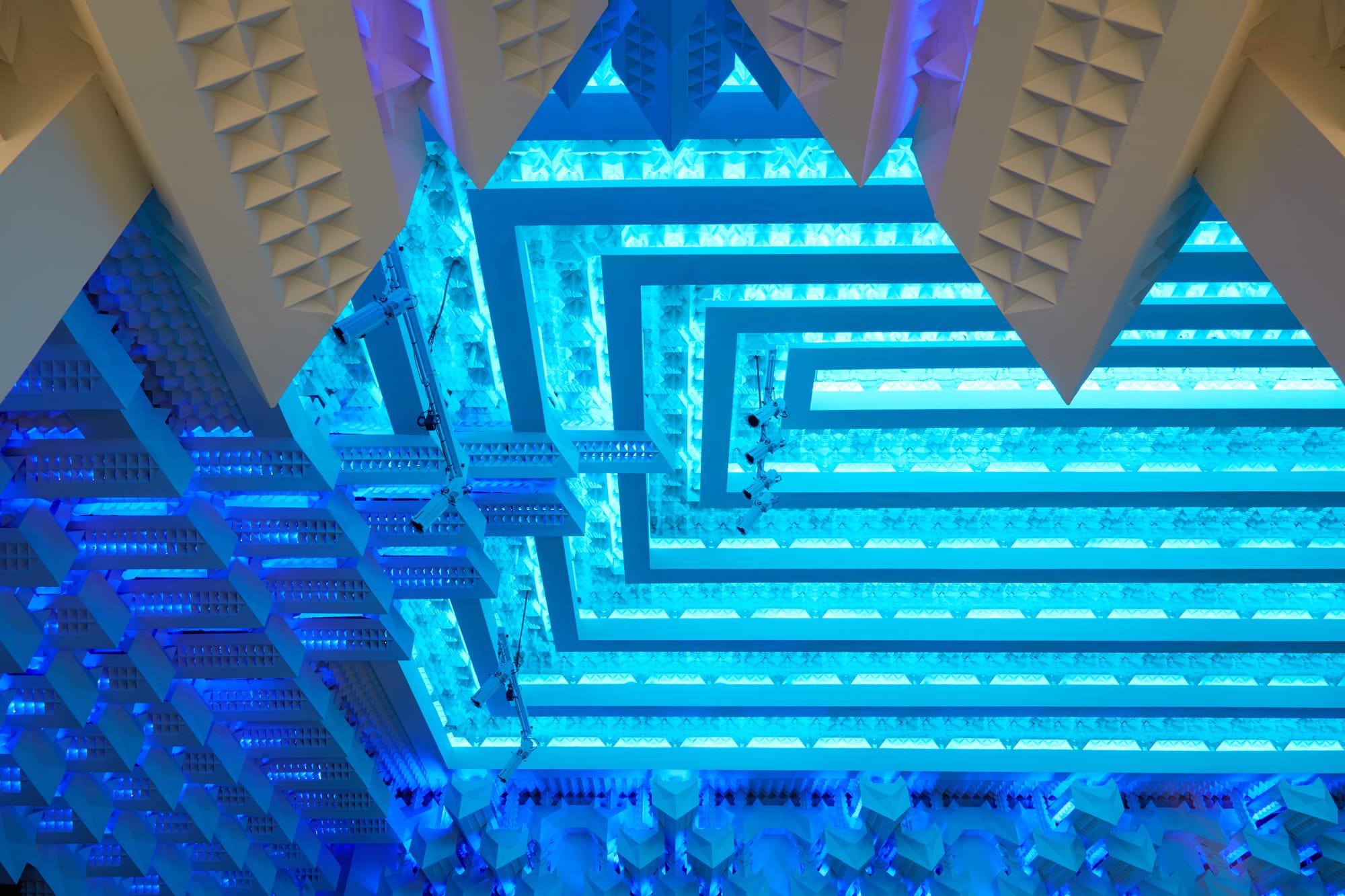 Ornate art deco roofing lit with a system of LEDs