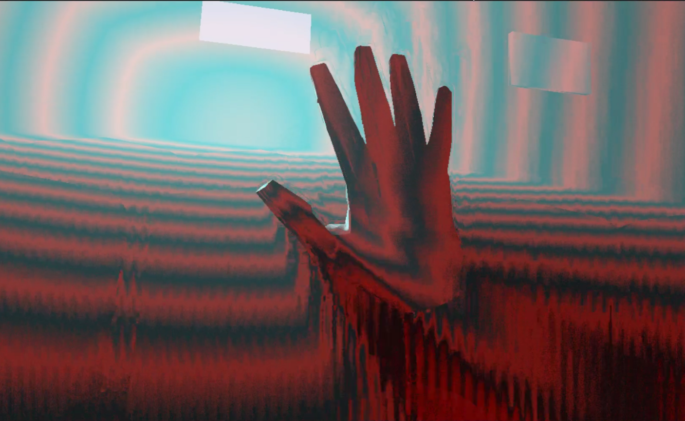 A hand reaches out of a red and black surface in a virtual environment
