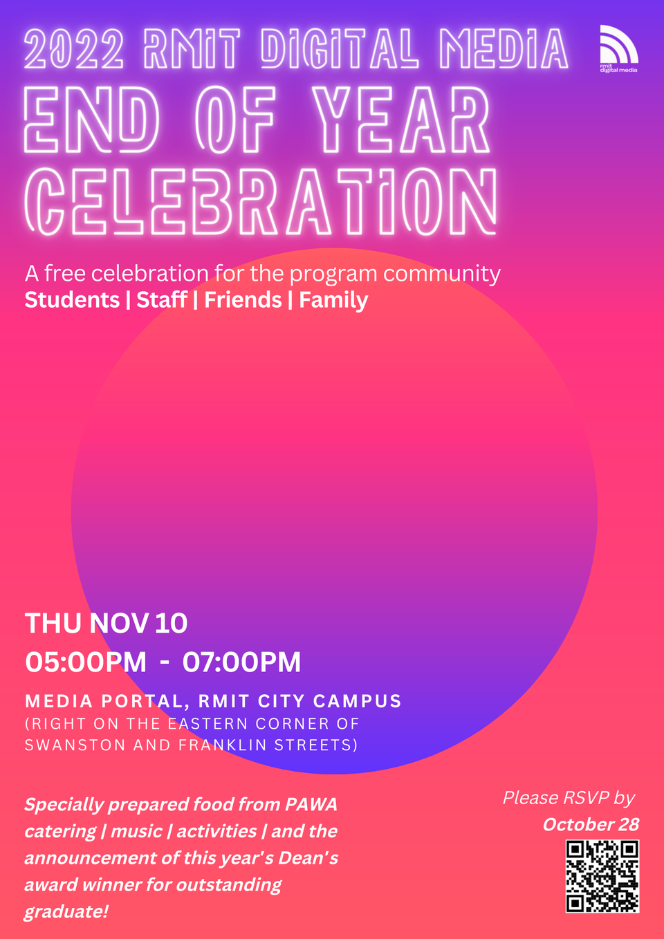 Digital poster featuring event details and a design using colour gradients and neon-like type
