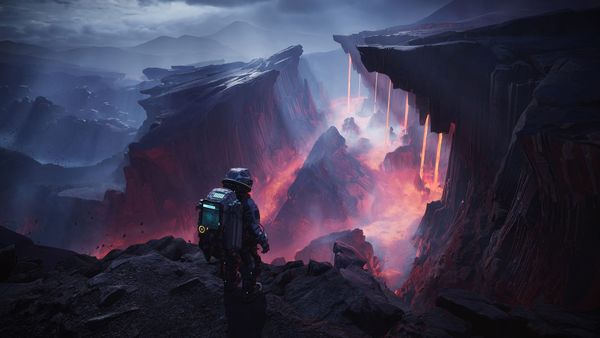 Xbox Game Pass launch title The Alters Key Art - Protagonist looking down at a beautiful volcanic chasm