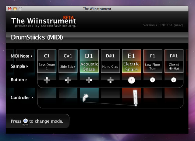 A Nintendo Wiimote controller used as air drumsticks. The screenshot shows an assignment of buttons to MIDI notes.