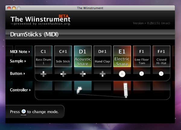 A Nintendo Wiimote controller used as air drumsticks. The screenshot shows an assignment of buttons to MIDI notes.