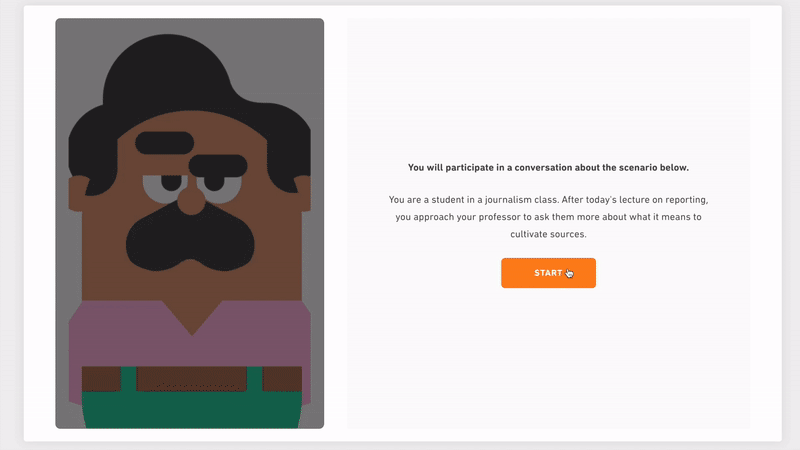 A sample of an interactive test item. The screen shows Oscar in conversation with the student, who is asking about today's lecture. An audio clip plays with Oscar's response and then the student is prompted to choose the best response to continue the conversation.