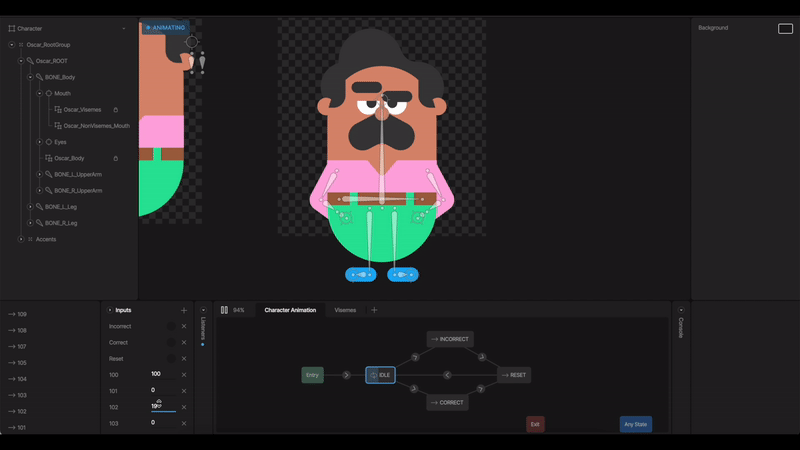 A screen that shows how a Rive animator can toggle different buttons to make Oscar's mouth move in a variety of realistic ways