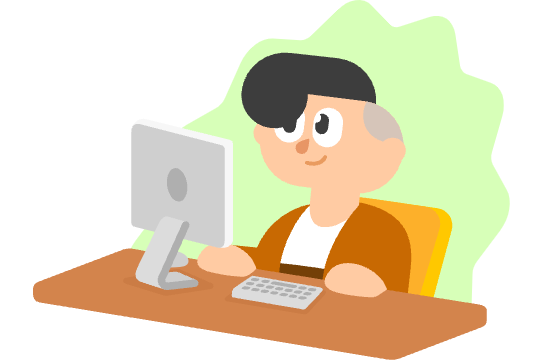 A cartoon drawing of a person sitting at a desk with a monitor and keyboard in front of them