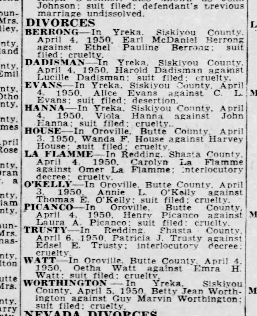 Divorce April 4,1950
Sacramento Bee April 8, 1950 page 15