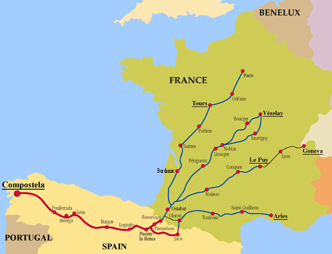 Walking in France: Map of the four traditional French pilgrim routes