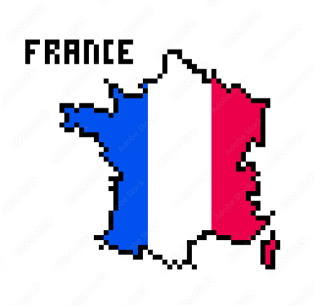 2d 8 bit pixel art France map covered with flag isolated on white background. Old school vintage retro 80s, 90s platform computer, video game graphics.Slot machine design element.Country geography.