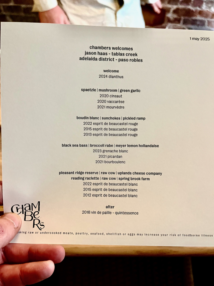 Chambers dinner menu