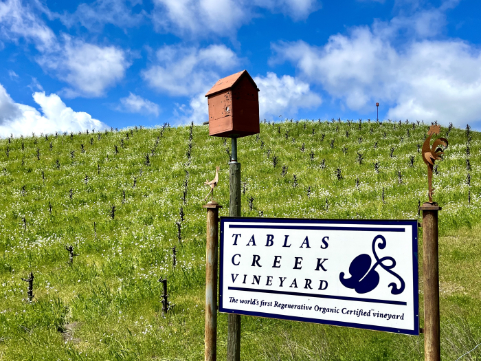 Tablas Creek sign and owl box on Scruffy Hill