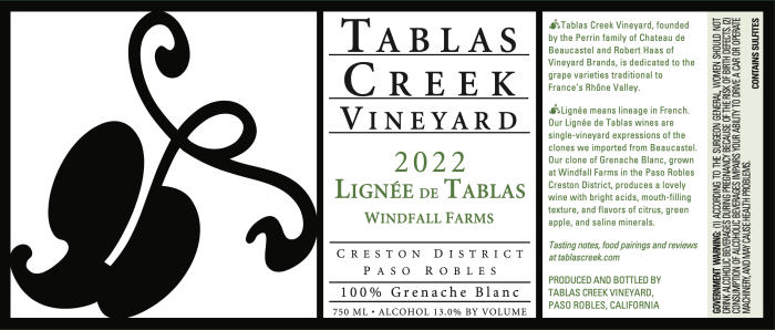 Lignee de Tablas Windfall Farms Grenache Blanc 2022 Label