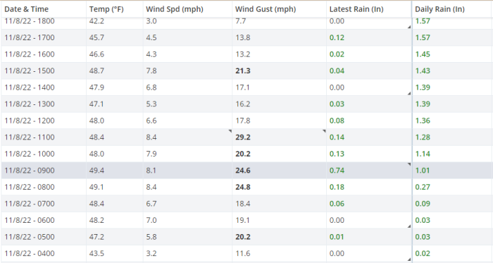 Hourly Rainfall November 8 2022