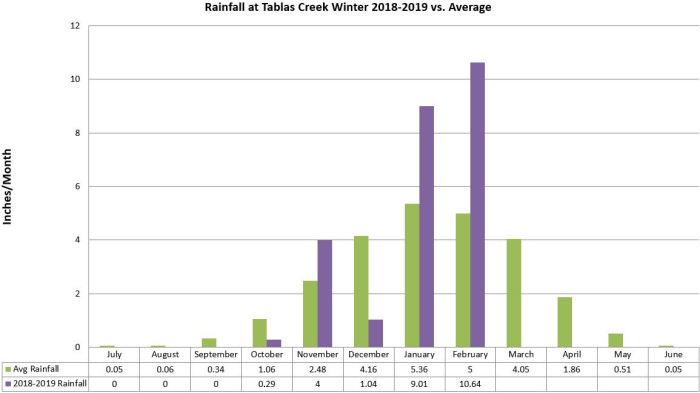 Tablas Creek rainfall by month winter 2018-19