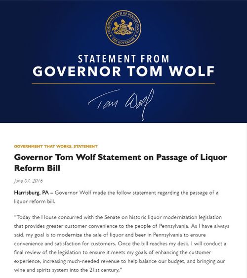 Tom Wolf Statement