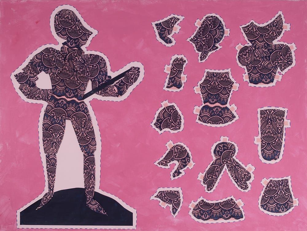 Pink canvas with a lace knight and lace armor paper doll pieces