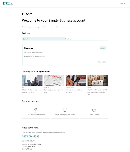  A screenshot of a page from the Simply Business website with a section labeled "Get help with late payments" that includes several photos and links.