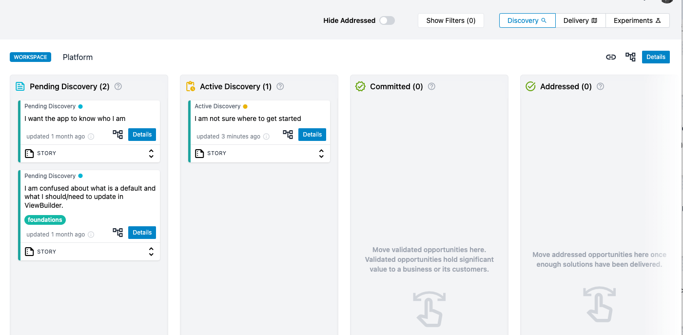 A screenshot of a roadmap in Vistaly. There are four columns, some of which have notes in them.