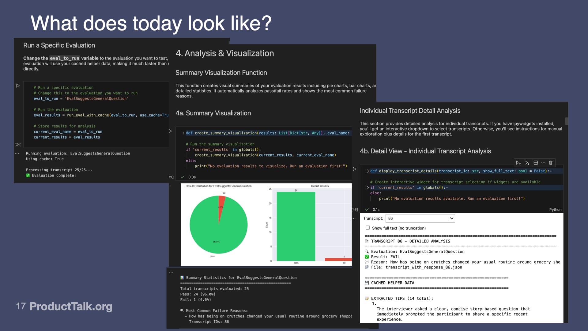Slide titled “What does today look like?” showing multiple screenshots of a coding notebook. Sections include: running a specific evaluation with code snippets, summary visualization functions, pie and bar chart visualizations, and individual transcript detail analysis. The layout illustrates how evals are run and analyzed through code and visual outputs.