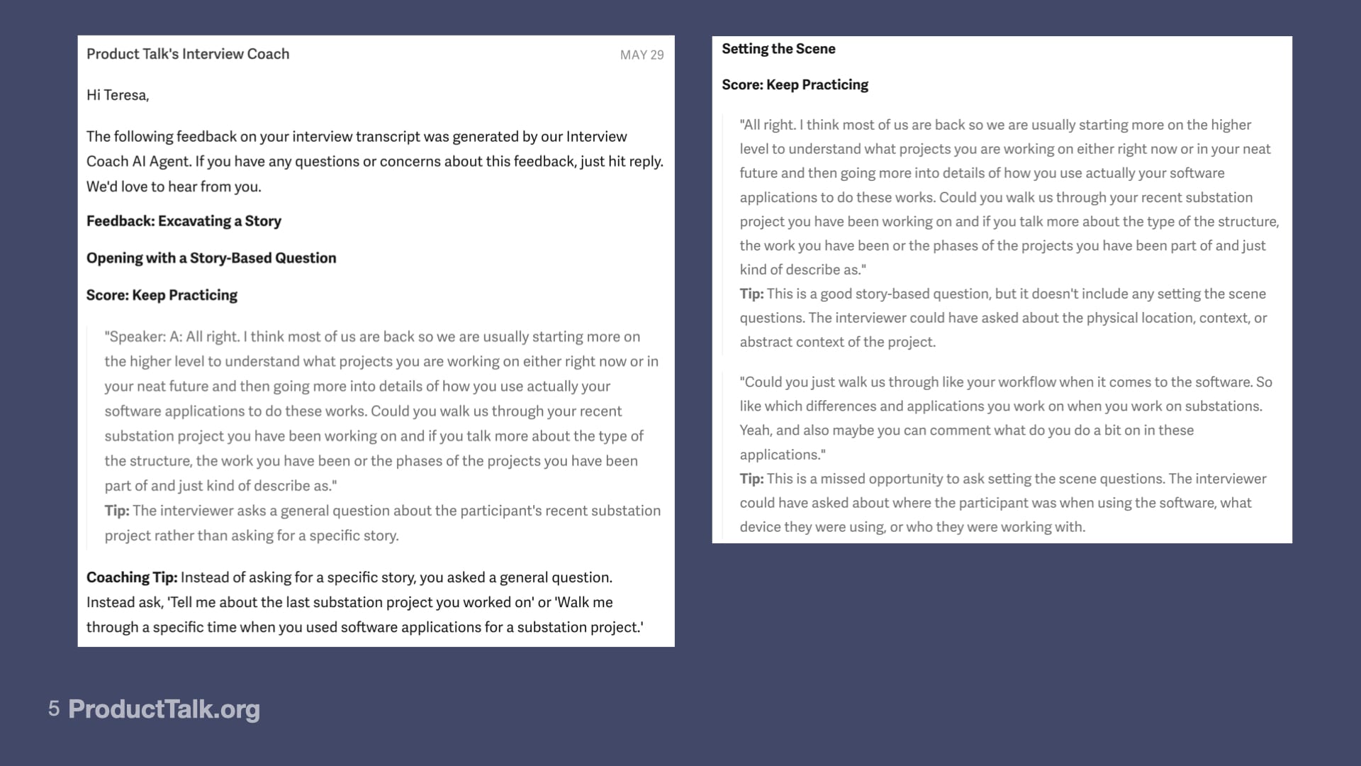 Slide showing an example of interview feedback from the Interview Coach tool. The left panel includes written feedback about “Enunciate a Story” and tips on “Opening with a Story-Based Question.” The right panel offers additional coaching on “Setting the Scene” and provides example phrasing for better interview responses.