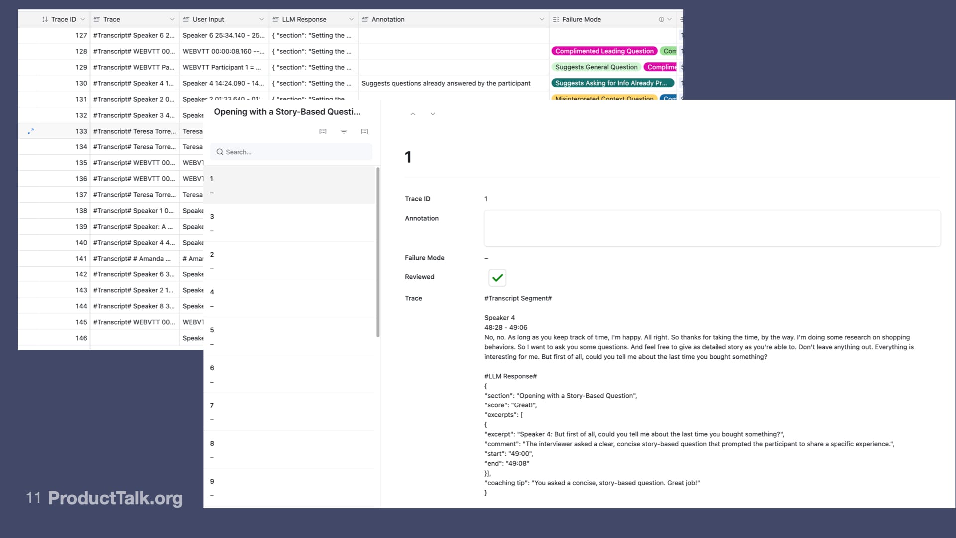 Slide showing a software interface with a table of transcript entries on the left and a detailed trace record on the right. The right-hand panel displays transcript text, system prompts, and feedback with labels such as “Score: Keep Practicing.” The layout illustrates how traces capture structured data from interview transcripts.