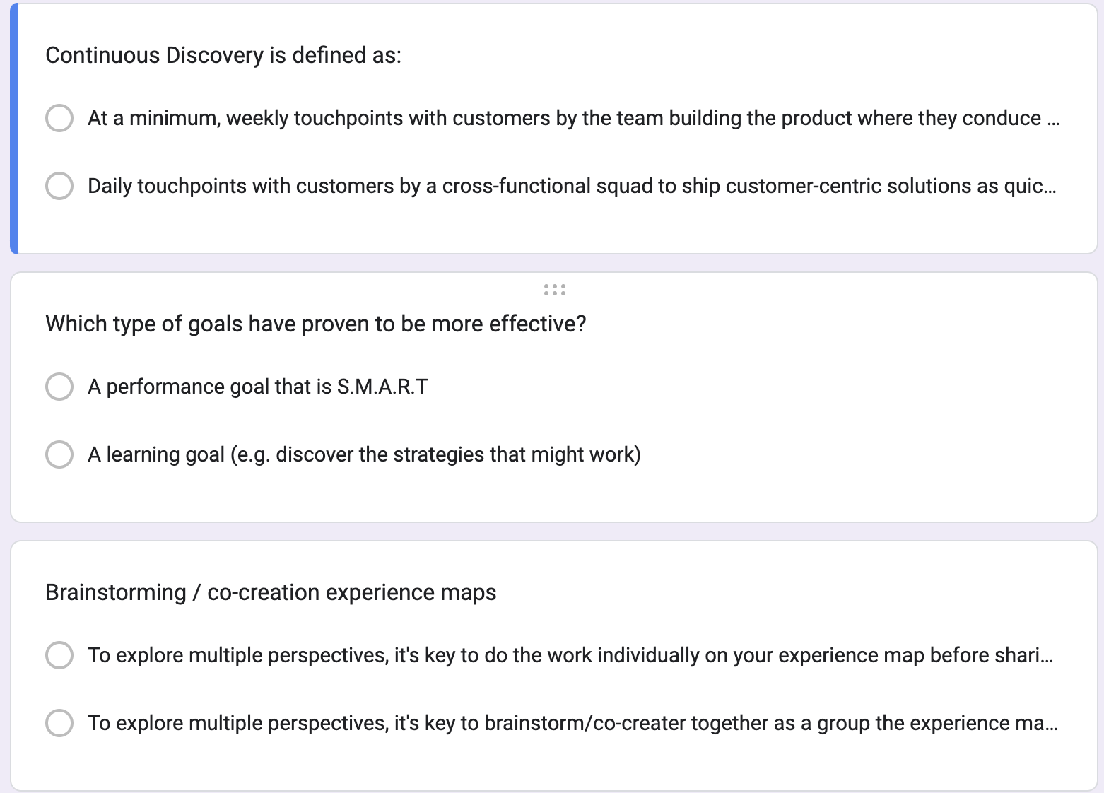 A screenshot of a Google Form with multiple choice questions based on the content of Continuous Discovery Habits.