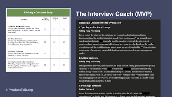 Worksheet and coaching notes assessing skills in eliciting customer stories, including prompts, setting context, timelines, and redirecting generalizations.