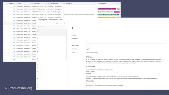 Screenshot of a table showing eval traces from interview transcripts. Includes speaker turns, LLM responses, and annotations like failure modes. A detailed view highlights a well-scored story-based question with AI-generated feedback and coaching tips.