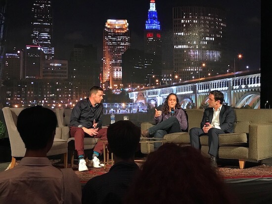 Teresa on stage at Industry participating in a Q&A session with actor B.J. Novak.