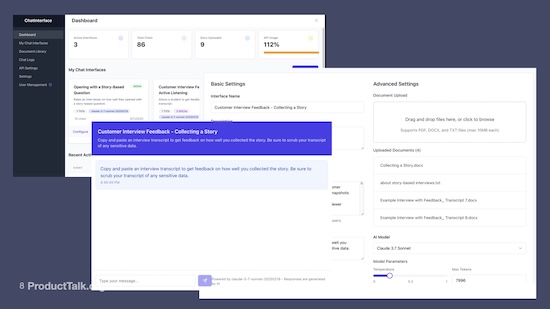 Screenshot of a chat-based interface for collecting feedback on customer interviews. Includes settings for uploading transcripts, configuring AI model parameters, and a visible chat prompt asking for story feedback based on pasted transcripts.