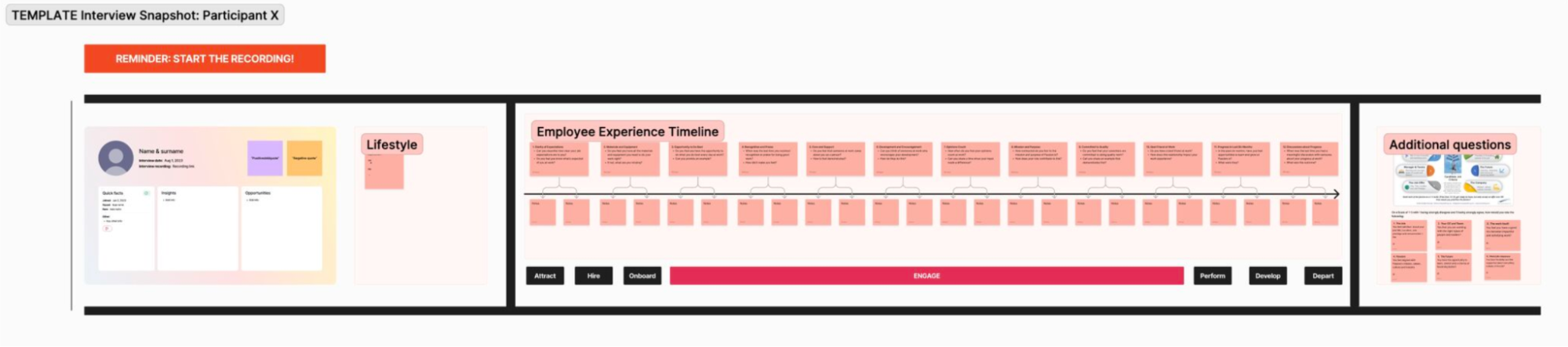 A screenshot of an interview snapshot template and an employee experience timeline. The snapshot features spaces to include a photograph and different notes from the interview. The timeline features several milestones from the employee's experience.