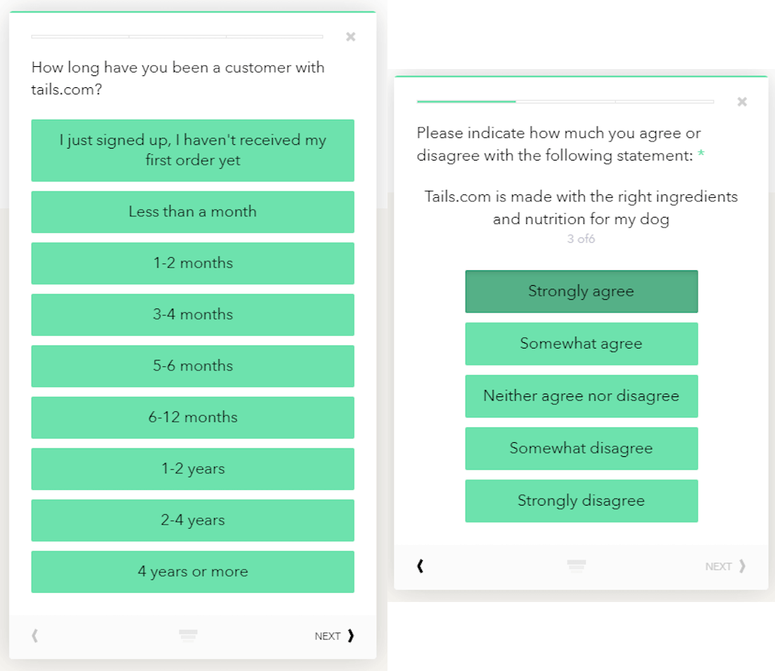 A screen shot of a survey tails.com customers will receive. It asks how long they've been a customer and how much they agree with the statement "tails.com is made with the right ingredients and nutrition for my dog."