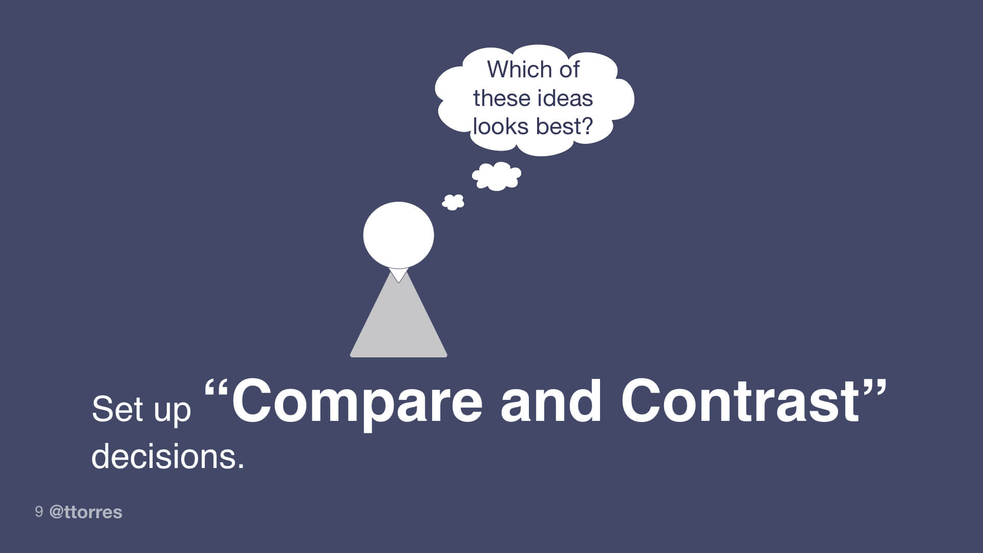 Setup 'Compare and Contrast" decisions. Ask, Which of these ideas looks best?