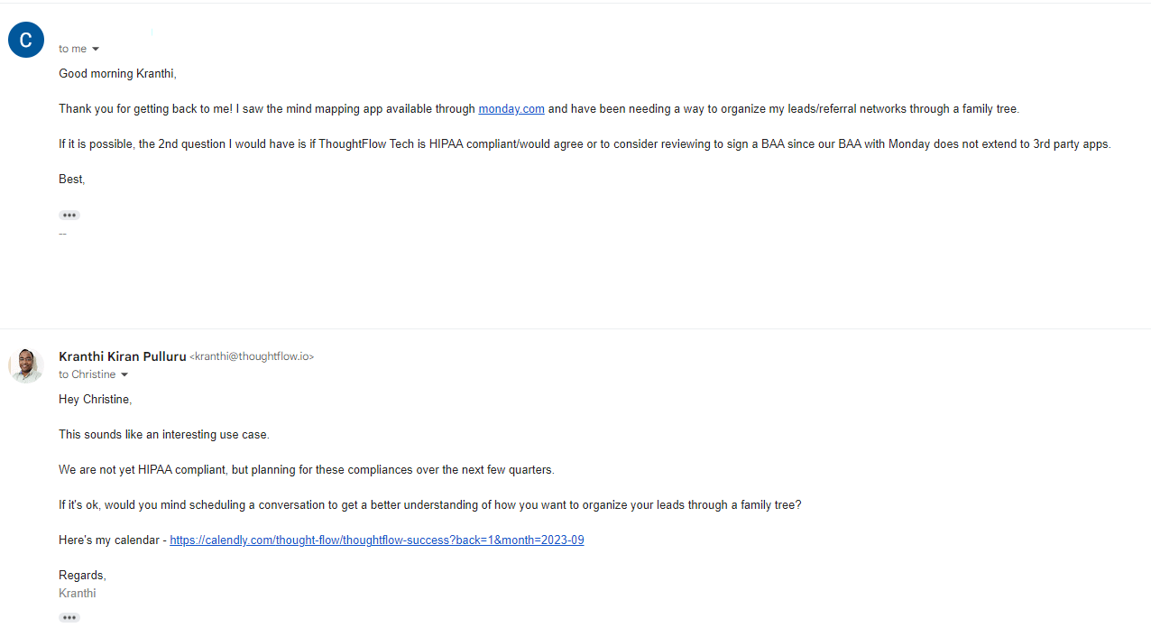 A screenshot of an email exchange where a user submitted a request and Kranthi asked to schedule a conversation for a research interview.