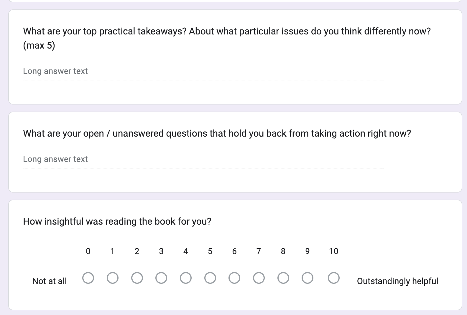 A screenshot of a Google Form with several open-ended questions about the content from Continuous Discovery Habits.