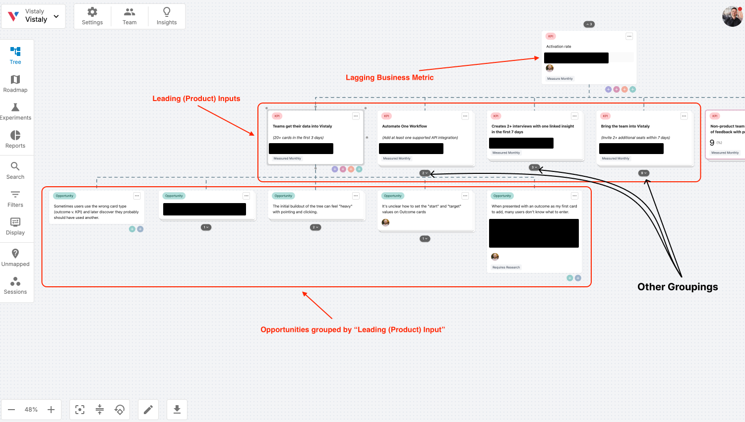 A screenshot of part of an opportunity solution tree. One section is labeled "lagging business metric," one is labeled "leading (product) inputs," and one is labeled "opportunities grouped by 'Leading (Product) Input.'"