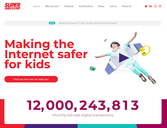 A screenshot of SuperAwesome's home page with the tagline "Making the Internet safer for kids"