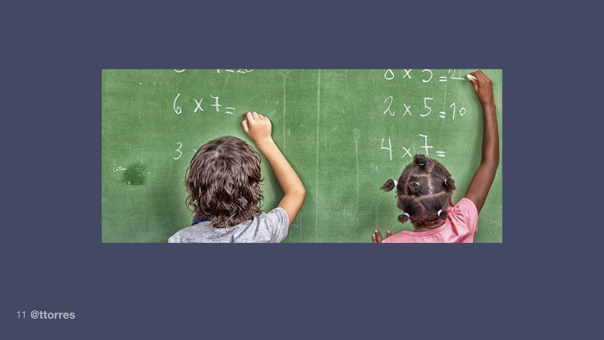 Two children solving multiplication problems on a chalkboard.