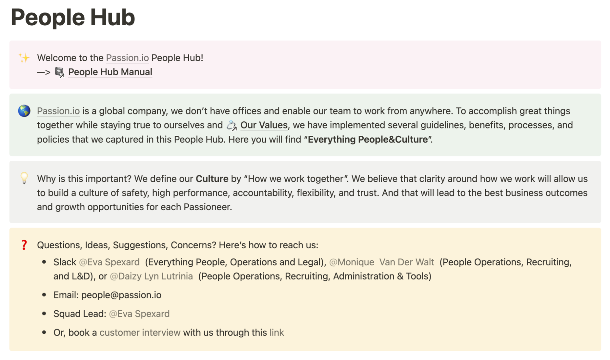 A screenshot of a Notion document that includes several ways to get in touch with the People team at Passion.io.