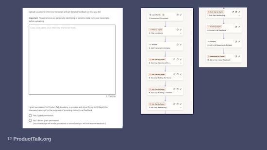 Slide showing a transcript upload form with permission options on the left and an automated feedback workflow using Zapier on the right. The workflow includes steps for parsing the transcript, evaluating interview skills, formatting LLM feedback, and sending the results back to the user.