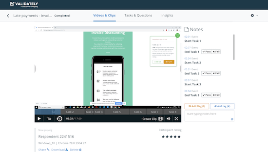 A screenshot of a page from Validately showing the actions a customer has taken in response to the late payments solution.