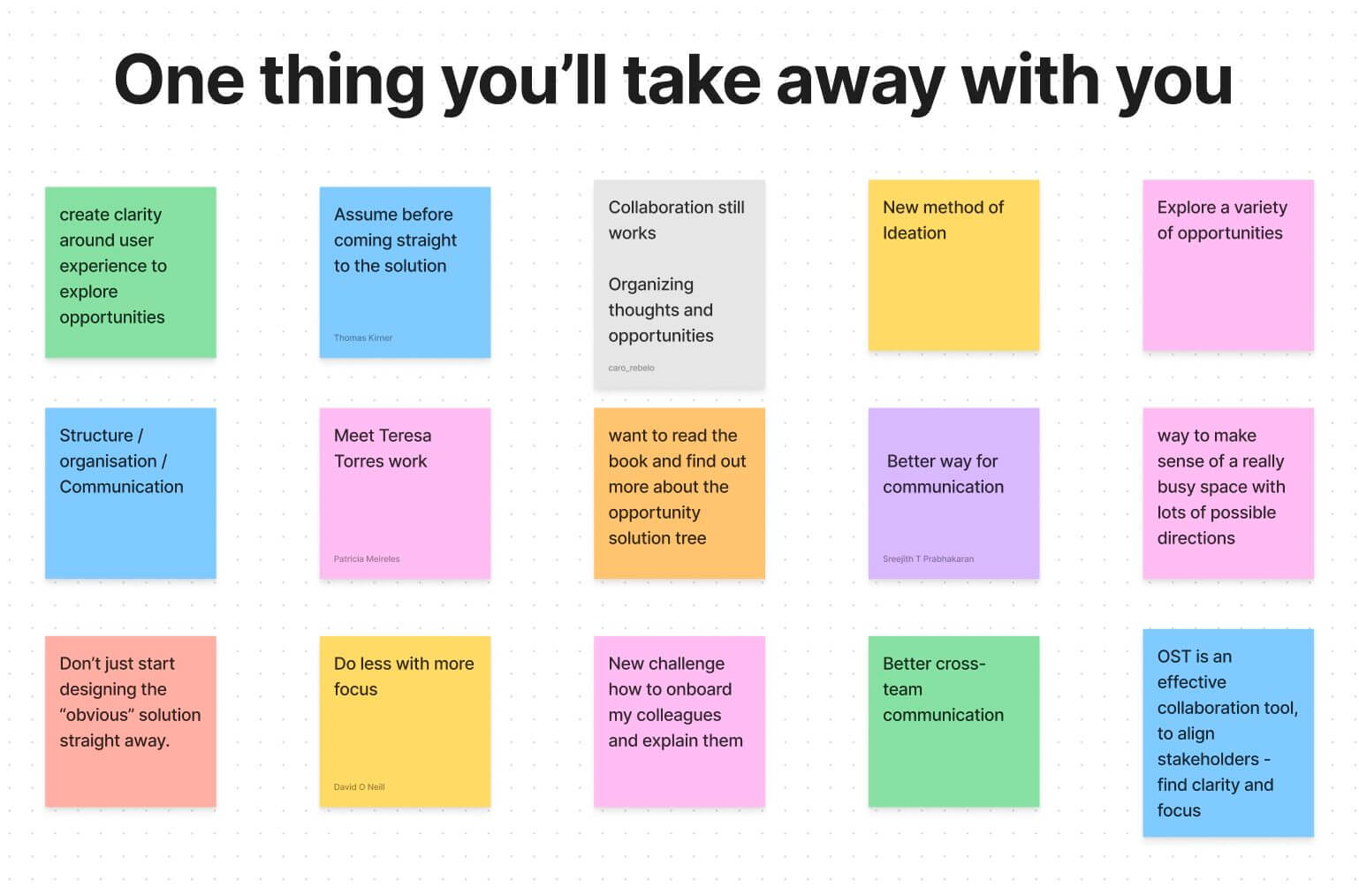 A screenshot of a board with different colored sticky notes outlining participants' main takeaways from the workshop.