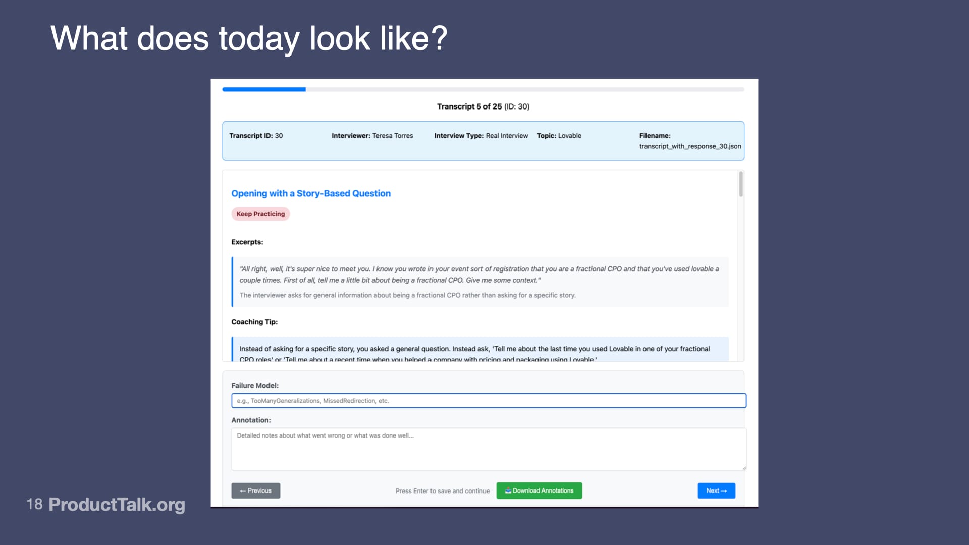 A screenshot of my custom annotation tool for reviewing traces.