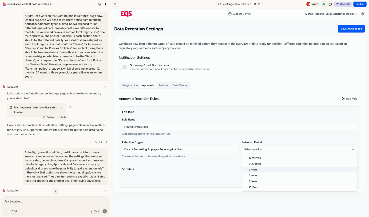 A screenshot of Moritz's data retention settings feature.
